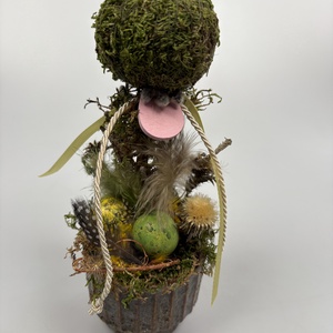 Tavaszváró, két fürjtojásos, gömbf5cskás asztaldísz szürke-mézbarna kaspóban, növényi részekkel (TS-05) , Otthon & Életmód, Dekoráció, Asztal és polc dekoráció, Asztaldísz, Virágkötés, MESKA