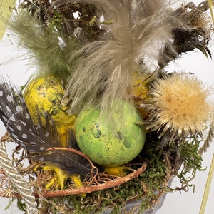 Tavaszváró, két fürjtojásos, gömbf5cskás asztaldísz szürke-mézbarna kaspóban, növényi részekkel (TS-05)  - otthon & életmód - dekoráció - asztal és polc dekoráció - asztaldísz - Meska.hu