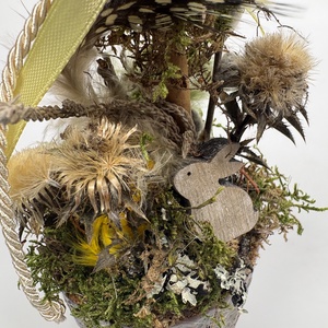 Tavaszváró, két fürjtojásos, gömbf5cskás asztaldísz szürke-mézbarna kaspóban, növényi részekkel (TS-05)  - otthon & életmód - dekoráció - asztal és polc dekoráció - asztaldísz - Meska.hu