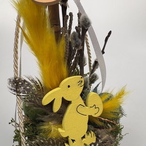 Tavaszváró, két fürjtojásos, gömbfácskás asztaldísz szürke-mézbarna kaspóban, növényi részekkel (TS-07)  - ünnepi díszek, dekorációk - húsvéti díszek és dekorációk - húsvéti asztaldíszek - Meska.hu