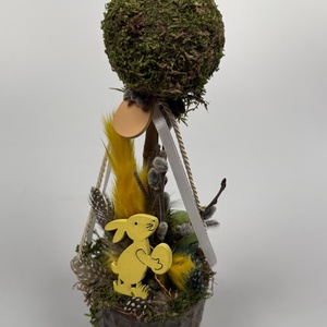 Tavaszváró, két fürjtojásos, gömbfácskás asztaldísz szürke-mézbarna kaspóban, növényi részekkel (TS-07) , Ünnepi díszek, dekorációk, Húsvéti díszek és dekorációk, Húsvéti asztaldíszek, Virágkötés, MESKA