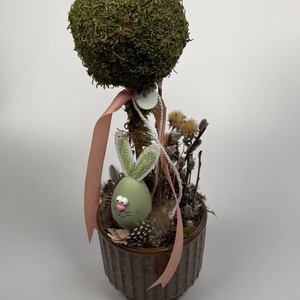 Mézi - Fészkes, nyuszis, gömbfás asztaldísz szürke-mézbarna kaspóban, növényi részekkel és kellékekkel (P-01)  - Meska.hu