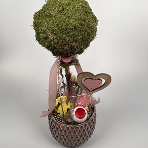Rózsi - Szívecskés, nyuszis, gömbfás asztaldísz rózsaszín-szürke kaspóban, növényi részekkel és kellékekkel (P-02) , Ünnepi díszek, dekorációk, Húsvéti díszek és dekorációk, Húsvéti asztaldíszek, Virágkötés, MESKA