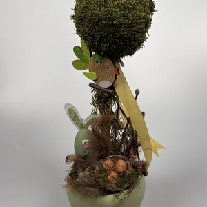 Nyusszancs - Madártollas, famadaras, gömbfás asztaldísz almazöld kaspóban, növényi részekkel és kellékekkel (P-04)  - Meska.hu