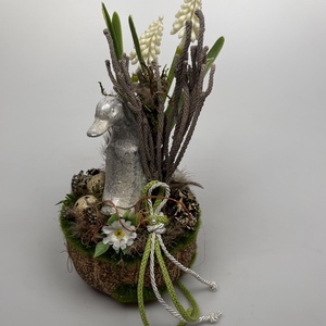 Kacsás, 2 fürjtojásos, gyöngyikés, tartós tavaszváró asztaldísz növényi részekkel a mohás kaspó kollekcióból (P-15)  - ünnepi díszek, dekorációk - húsvéti díszek és dekorációk - húsvéti asztaldíszek - Meska.hu