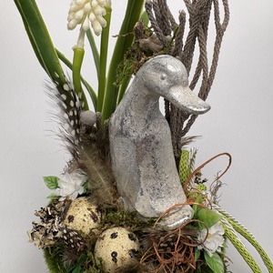 Kacsás, 2 fürjtojásos, gyöngyikés, tartós tavaszváró asztaldísz növényi részekkel a mohás kaspó kollekcióból (P-15)  - Meska.hu