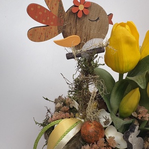 Tulipános kertben -  mohaágyon nyugvó, tartós dísz fürjtojásokkal, tulipános jókedvében trillázó madárkával (P-21) - otthon & életmód - virágdekoráció - virágdíszek - virágdísz kaspóban - Meska.hu