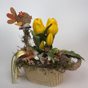 Tulipános kertben -  mohaágyon nyugvó, tartós dísz fürjtojásokkal, tulipános jókedvében trillázó madárkával (P-21) - Meska.hu