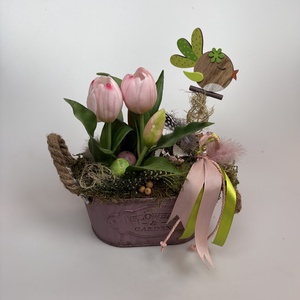 Rózsaszín tulipánkert -  mohaágyon nyugvó, tartós dísz fürjtojásokkal, tulipános jókedvében trillázó madárkával (P-22) - Meska.hu