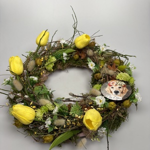 Kócos, vesszős, tulipános tavaszi ajtódísz  síkalapra kutyabarátoknak szánt fatáblával - Meska.hu