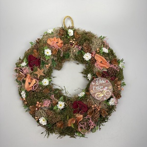 Villantós.4 - Pehelykönnyű ajtódísz napfényben megcsillanó rosegold elemekkel és barna Édes Otthon fatáblácskával - Meska.hu