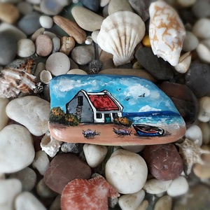 Kézzel festett kavics - tengerparti ház, Otthon & Életmód, Dekoráció, Asztal és polc dekoráció, Kavics & Kő, Festészet, MESKA
