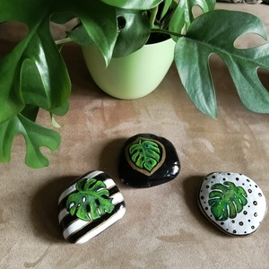 monstera festett kavics - művészet - festmény - akril - Meska.hu