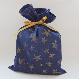 Ajándékzsák, mikulászsák, textilzsák - kék, arany csillagokkal, Karácsony, Mikulás, Mikulás zsák, Varrás, MESKA