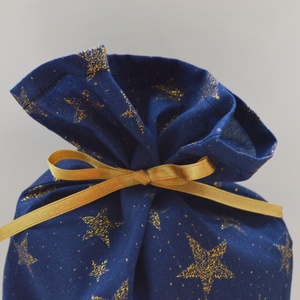 Ajándékzsák, mikulászsák, textilzsák - kék, arany csillagokkal - karácsony - mikulás - mikulás zsák - Meska.hu