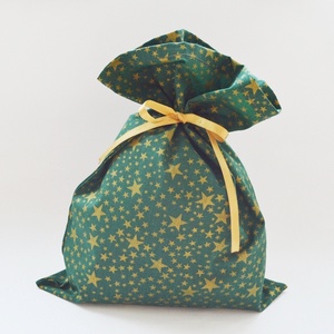 Ajándékzsák, mikulászsák, textilzsák - zöld, arany csillagokkal, Karácsony, Mikulás, Mikulás zsák, Varrás, MESKA