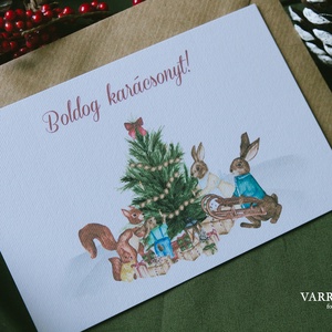Festett erdei állatos karácsonyi képeslap, Karácsony, Karácsonyi ajándékozás, Karácsonyi képeslap, üdvözlőlap, ajándékkísérő, Festészet, MESKA
