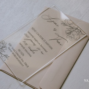 Plexi esküvői meghívó borítékkal, akril meghívó - virág minta, Esküvő, Meghívó & Kártya, Meghívó, Fotó, grafika, rajz, illusztráció, MESKA
