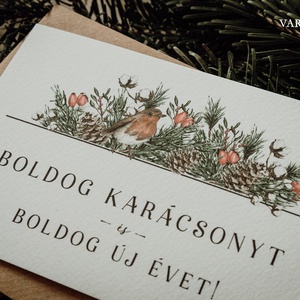 Madaras karácsonyi képeslap - színes mintával, Karácsony, Karácsonyi ajándékozás, Karácsonyi képeslap, üdvözlőlap, ajándékkísérő, Festészet, Fotó, grafika, rajz, illusztráció, MESKA