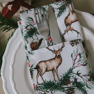 Textilszalvéta  szarvas és vörösbegy  színes grafikával - otthon & életmód - konyhafelszerelés, tálalás - konyhai textil - szalvéta - Meska.hu