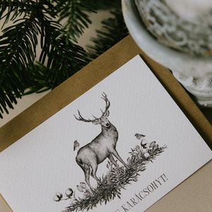 Szarvas madárral karácsonyi képeslap - szürke grafikával - karácsony - karácsonyi ajándékozás - karácsonyi képeslap, üdvözlőlap, ajándékkísérő - Meska.hu