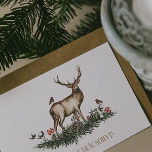 Szarvas madárral karácsonyi képeslap - színes grafikával - karácsony - karácsonyi ajándékozás - karácsonyi képeslap, üdvözlőlap, ajándékkísérő - Meska.hu