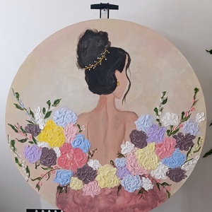 Virágzó nőiesség � 3D struktúrált kerek festmény (60 cm), Művészet, Festmény, Akril, Festészet, MESKA