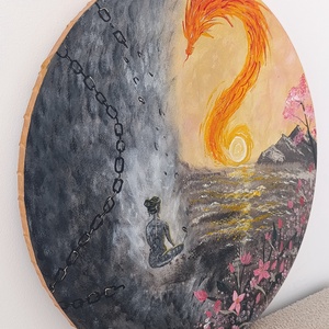 Az elengedés � 50 cm-es egyedi kerek akril festmény sárkánnyal és láncokkal, Művészet, Festmény, Akril, , MESKA