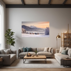 Vadlovak futnak téli tájon napkeltekor - téli lovas tájkép vászonkép 60x34 cm - otthon & életmód - dekoráció - kép & falikép - vászonkép - Meska.hu