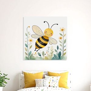 Vidám méhecske a virágok között illusztráció - vászonkép 40x40 cm, Otthon & Életmód, Babaszoba, gyerekszoba, Babaszoba kép, Fotó, grafika, rajz, illusztráció, MESKA