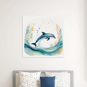 Delfin az óceánban illusztráció - vászonkép 40x40 cm, Otthon & Életmód, Babaszoba, gyerekszoba, Babaszoba kép, Fotó, grafika, rajz, illusztráció, MESKA