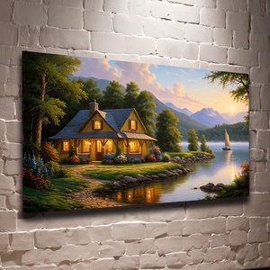 Ház a tónál napkeltekor tájkép falikép - Vászonkép 60x40 cm - Meska.hu