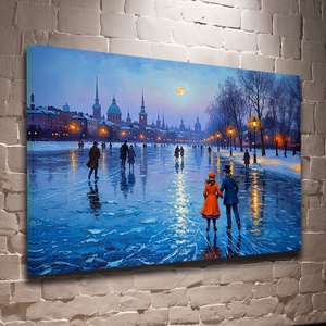 Korcsolyázás a befagyott folyón téli falikép - Vászonkép 60x40 cm - Meska.hu