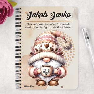 Személyre szabható kávés manó - Előbb a kávét mintás A5-ös füzet - otthon & életmód - papír, írószer - jegyzetfüzet & napló - Meska.hu