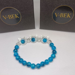 Türkiz Macskás Karkötő, Ékszer, Karkötő, Bogyós karkötő, Gyöngyfűzés, gyöngyhímzés, MESKA