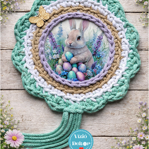 Horgolt  virág szegélyű húsvéti nyuszis tábla - otthon & életmód - dekoráció - fali és függő dekoráció - függődísz - Meska.hu