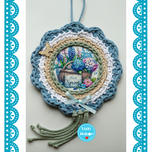 Horgolt  virágos szegélyű tavaszi, virágos tábla - hello spring, Otthon & Életmód, Dekoráció, Fali és függő dekoráció, Függődísz, Horgolás, MESKA