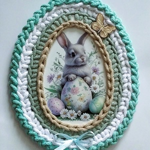 Horgolt szegélyű húsvéti tojásos tábla nyuszival, Ünnepi díszek, dekorációk, Húsvéti díszek és dekorációk, Húsvéti ajtódísz, kopogtató, Horgolás, MESKA