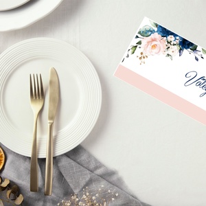 Esküvői ültető kártya púder - navy virágokkal, Esküvő, Meghívó & Kártya, Menü, Fotó, grafika, rajz, illusztráció, MESKA