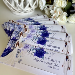 Fehér kék virágos kihúzhatós I mozgó meghívó  - esküvő - meghívó & kártya - meghívó - Meska.hu