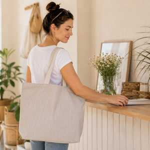 Bevásárlótáska, bélelt, nagy méretű - Bézs csíkos, Táska & Tok, Bevásárlás & Shopper táska, Shopper, textiltáska, szatyor, Varrás, MESKA