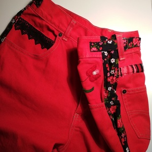 Virágos női farmer nadrág állítható derékbőséggel - ruha & divat - női ruha - nadrág - Meska.hu