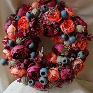 Selyemvirágokkal készült kopogtató őszi színekkel, Otthon & Életmód, Dekoráció, Ajtó- és ablak dekoráció, Ajtódísz & Kopogtató, Virágkötés, MESKA