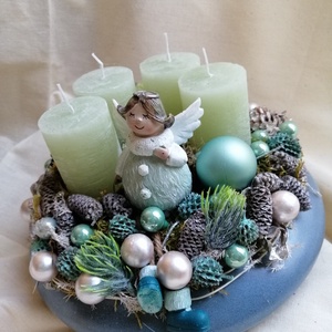 Adventi asztaldísz angyalkával, Karácsony, Adventi díszek, Adventi koszorú, Virágkötés, MESKA