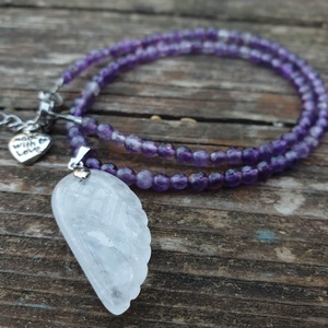 Ametiszt nyaklánc hegyikristály medállal  - ékszer - nyaklánc - gyöngyös nyaklánc - Meska.hu