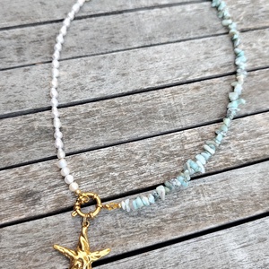 Ásványgyöngy nyaklánc tenyésztett gyönggyel - ékszer - nyaklánc - gyöngyös nyaklánc - Meska.hu