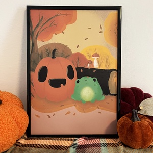 Halloween tök békával és gombákkal A4-es illusztráció � őszi falikép, Művészet, Grafika & Illusztráció, Egyéb rajzok, , MESKA