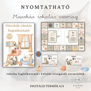 Macskás iskolás fejlesztő csomag � oktató társasjáték + kódfejtős foglalkoztató PDF (8�10 év), Játék & Sport, Készségfejlesztő és Logikai játék, Oktató játékok, Fotó, grafika, rajz, illusztráció, MESKA