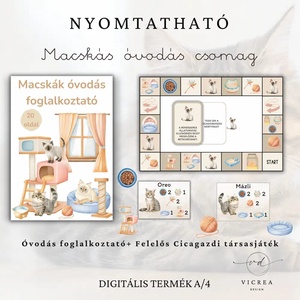 Macskás ovis fejlesztő csomag � társasjáték + foglalkoztató PDF (4�7 év), Játék & Sport, Készségfejlesztő és Logikai játék, Oktató játékok, Fotó, grafika, rajz, illusztráció, MESKA