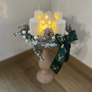 Prémium adventi dísz, koszorú, gyöngyház gyertyákkal, Karácsony, Adventi díszek, Adventi gyertyadíszek és koszorúdíszek, Virágkötés, MESKA